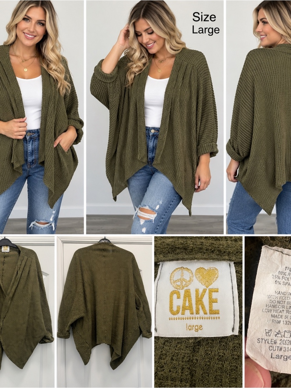 Cake Olive Open-Front Draped Knit Cardigan
